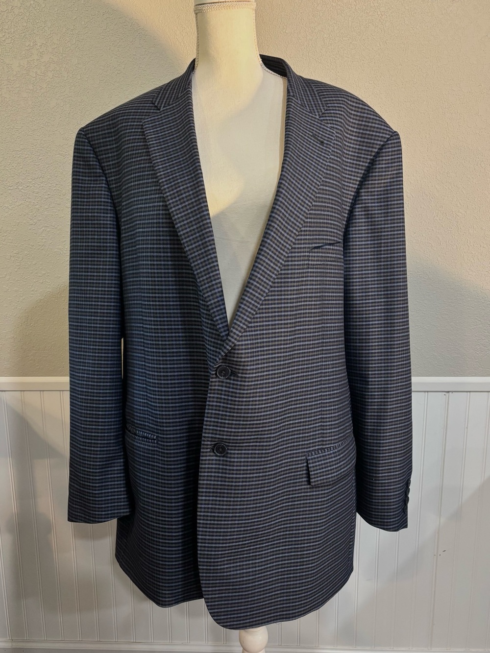 Turnbury Men’s 54L Wool Stretch Plaid Sport Coat Blazer Blue Gray